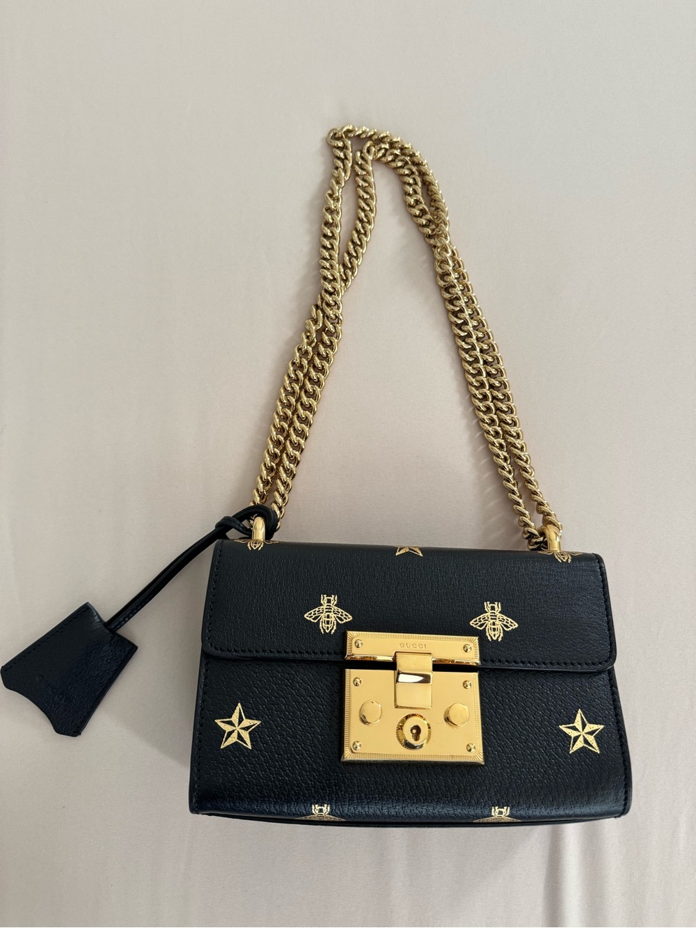 GUCCI Black Leather Chain Shoulder Bee Bag with Gold Accents and keys